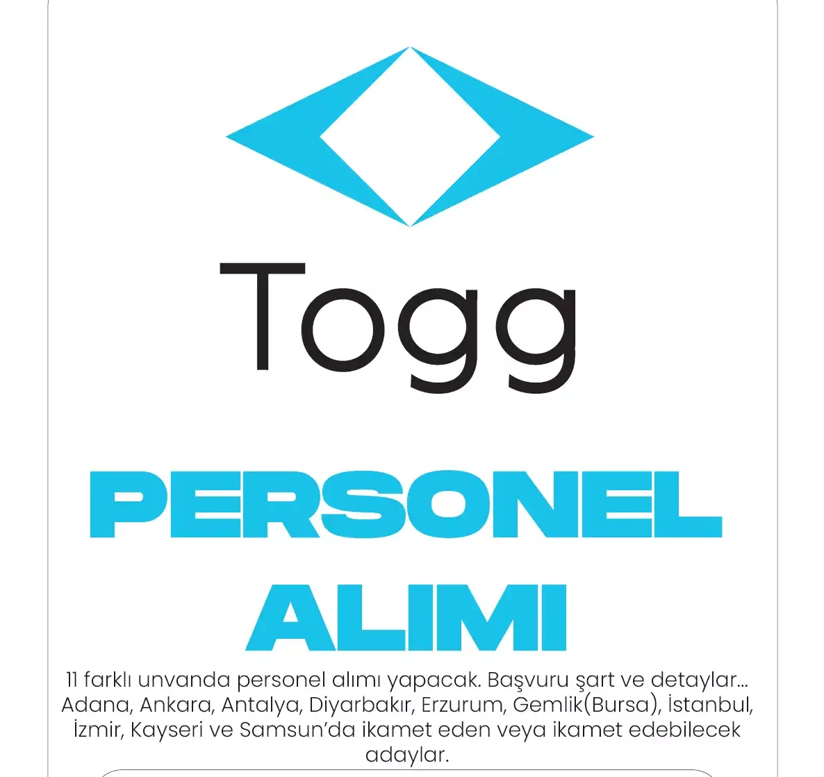 Togg personel alımı ilanları yayımlandı.