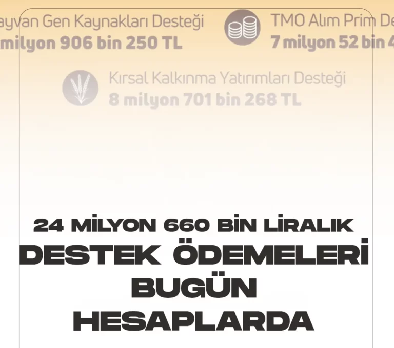 24 milyon 660 bin liralık destek ödemeleri bugün hesaplara yatacak.