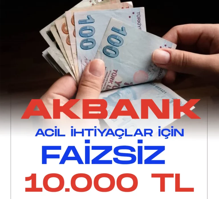 Akbank acil nakit ihtiyaçlar için faizsiz 10 bin TL taksitli nakit avans kampanyası başvuruları sürüyor. Akbank mobilden müşterisi olanlara sıfır faizle 10 bin TL'ye kadar nakit avans veriyor.