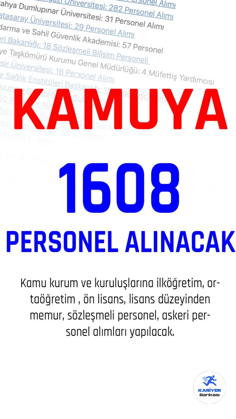 Kamuya 1608 personel alımı için başvurular alınıyor.