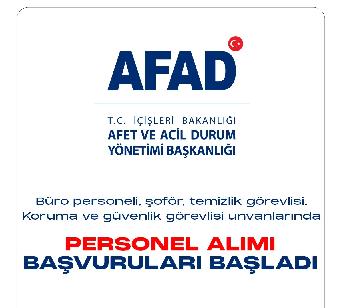 Afet ve Acil Durum Yönetimi Başkanlığı (AFAD) personel alımı başvuruları bugün başladı. 29 Aralık 2022 tarihinde yayımlanan duyuruda, AFAD'a büro personeli, şoför, temizlik görevlisi ile koruma ve güvenlik unvanlarında 70 sözleşmeli personel alımı yapılacağına yer verildi.