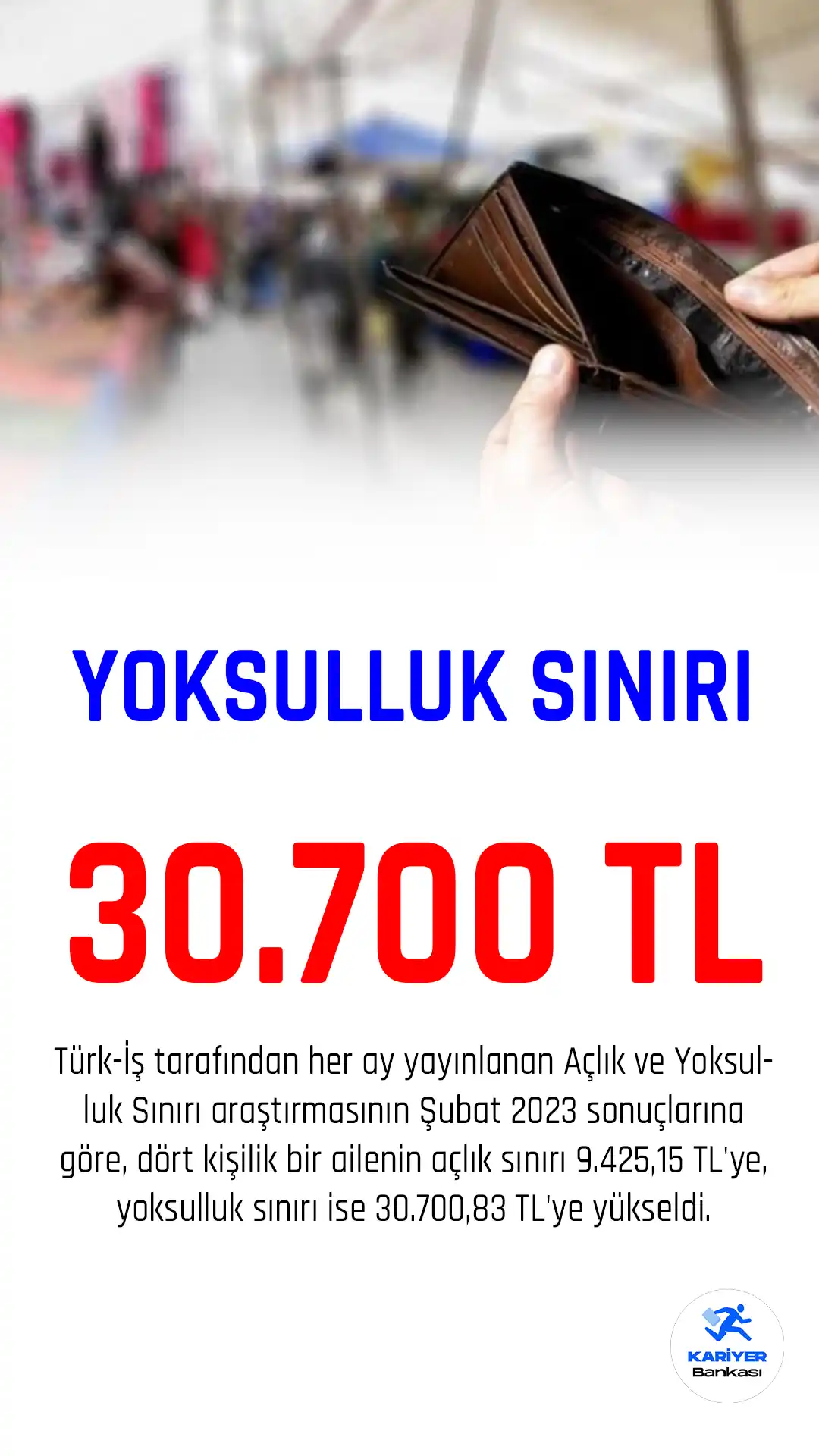 Türk iş yoksulluk sınırını 30 bin 700 TL olarak açıkladı.