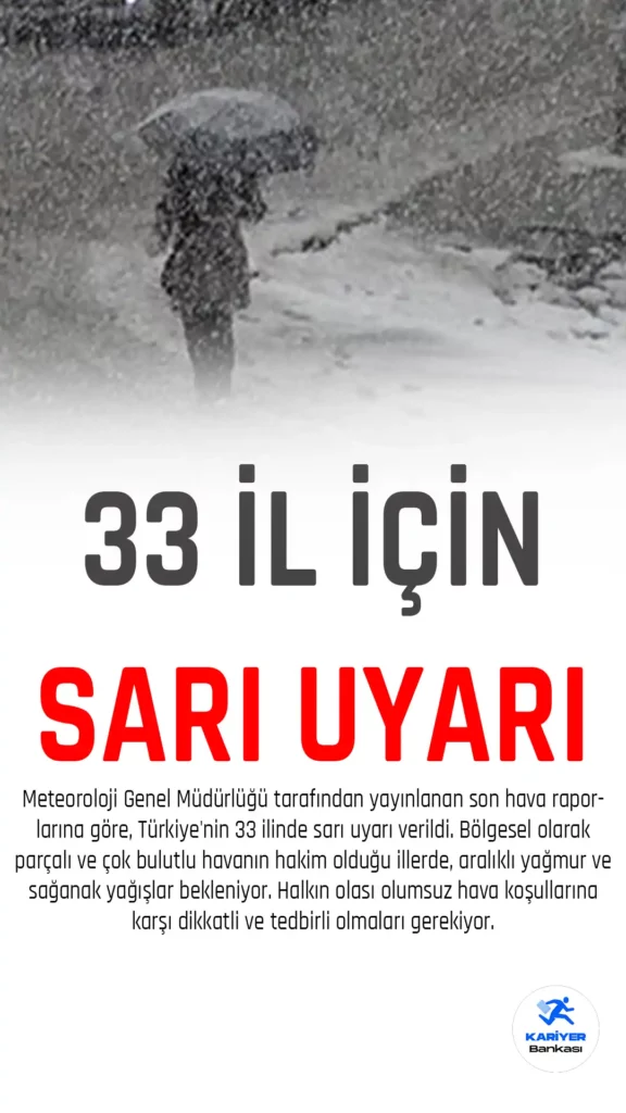 Meteoroloji Genel Müdürlüğü tarafından yayınlanan son hava raporlarına göre, Türkiye'nin 33 ilinde sarı uyarı verildi. Bölgesel olarak parçalı ve çok bulutlu havanın hakim olduğu illerde, aralıklı yağmur ve sağanak yağışlar bekleniyor. Halkın olası olumsuz hava koşullarına karşı dikkatli ve tedbirli olmaları gerekiyor.