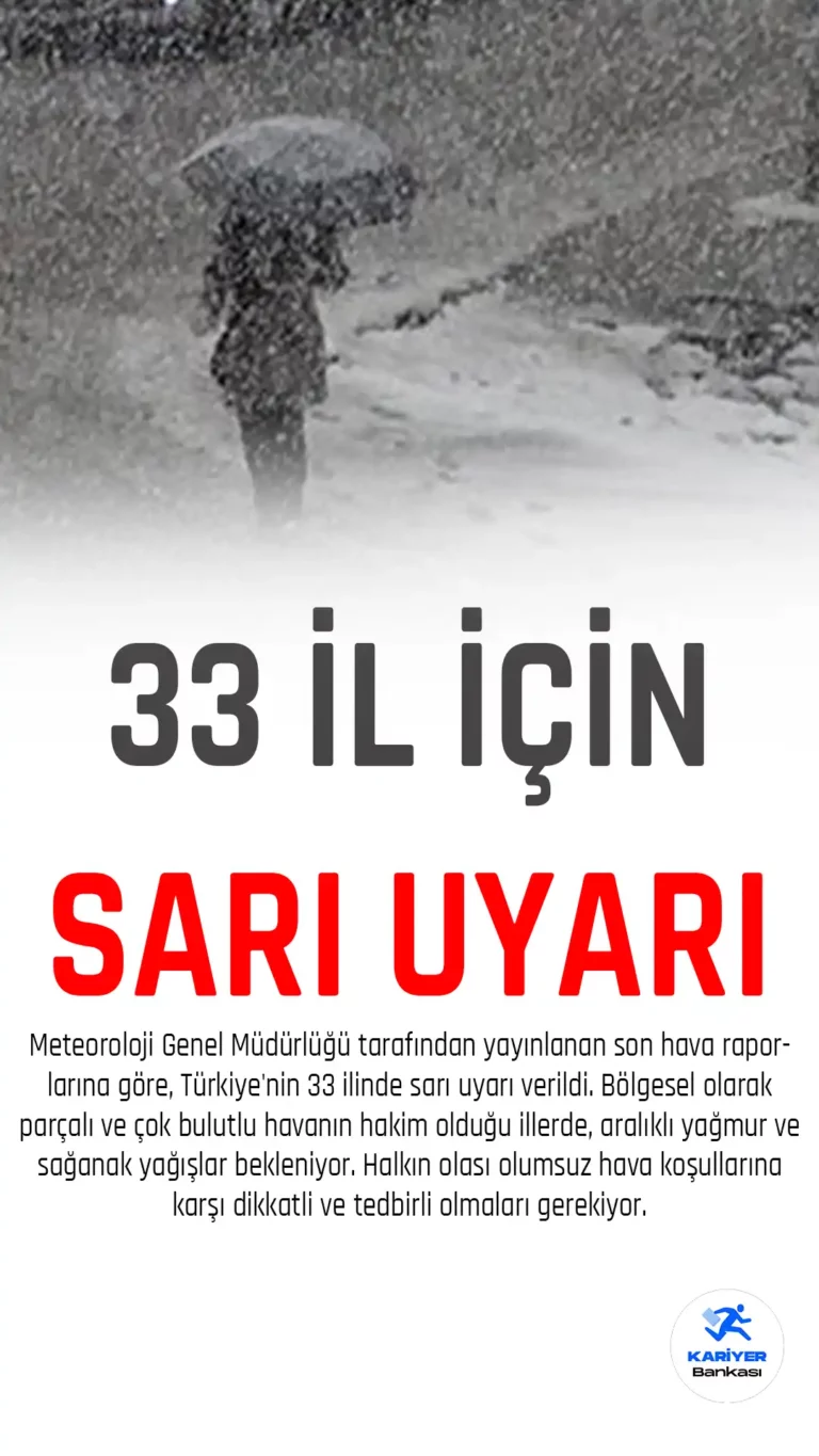 Meteoroloji Genel Müdürlüğü tarafından yayınlanan son hava raporlarına göre, Türkiye'nin 33 ilinde sarı uyarı verildi. Bölgesel olarak parçalı ve çok bulutlu havanın hakim olduğu illerde, aralıklı yağmur ve sağanak yağışlar bekleniyor. Halkın olası olumsuz hava koşullarına karşı dikkatli ve tedbirli olmaları gerekiyor.