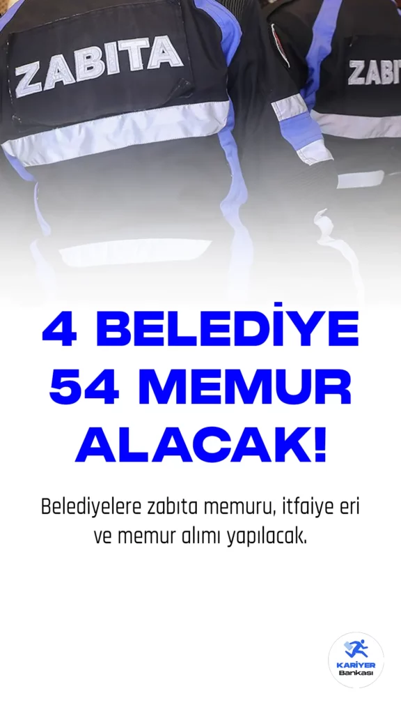 Belediyelere memur alımı duyuruları art arda yayımlandı. Yayımlanan duyurulara göre, Konya Büyükşehir Belediyesi, Bursa Osmangazi Belediyesi, Sakarya Karasu Belediyesi ve Yozgat Halıköy Belediyesine zabıta memuru, itfaiye eri ve memur alımları yapılacağı kaydedildi. Başvuru yapacak adayların belirtilen genel ve özel şartları taşıması gerekmektedir.