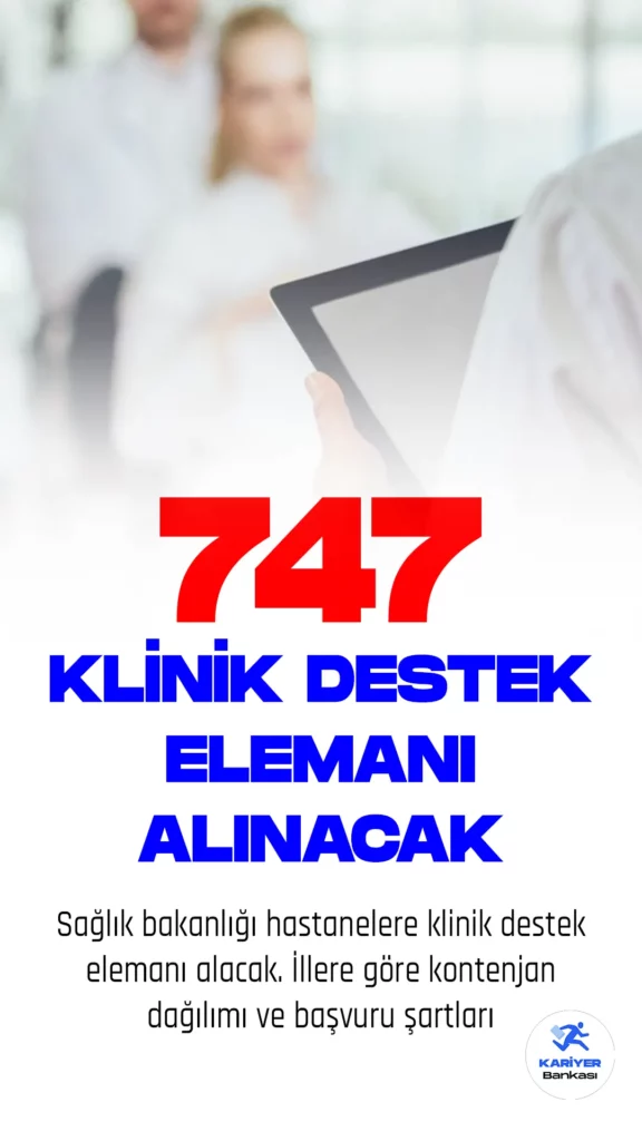 Sağlık Bakanlığı Hastanelere klinik destek elemanı alımı yapacak. Sağlık Bakanlığı 10900 işçi alımı kılavuzu yayımlandı. Yayımlanan kılavuza bakıldığında 747 klinik destek elemanı alınacağı görülüyor. Başvuracak adaylarda en az lise mezuniyet şartı aranıyor. Adayların belirtilen genel ve özel şartları dikkatle incelemesi gerekmektedir.