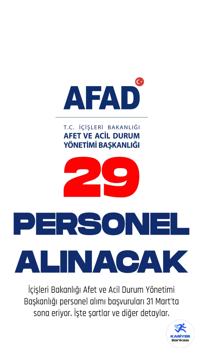 AFAD personel alımı başvuru işlemlerinde sona geliniyor.İçişleri Bakanlığı Afet ve Acil Durum Yönetimi Başkanlığı Deprem Dairesi Başkanlığının resmi sayfasından yapılan açıklamada, 29 İl Afet ve Acil Durum Uzman Yardımcısı alımı için başvuruların 31 Mart 2023'te sona ereceği, ilgili alıma başvuruların Kariyer Kapısından yapılacağı aktarıldı.