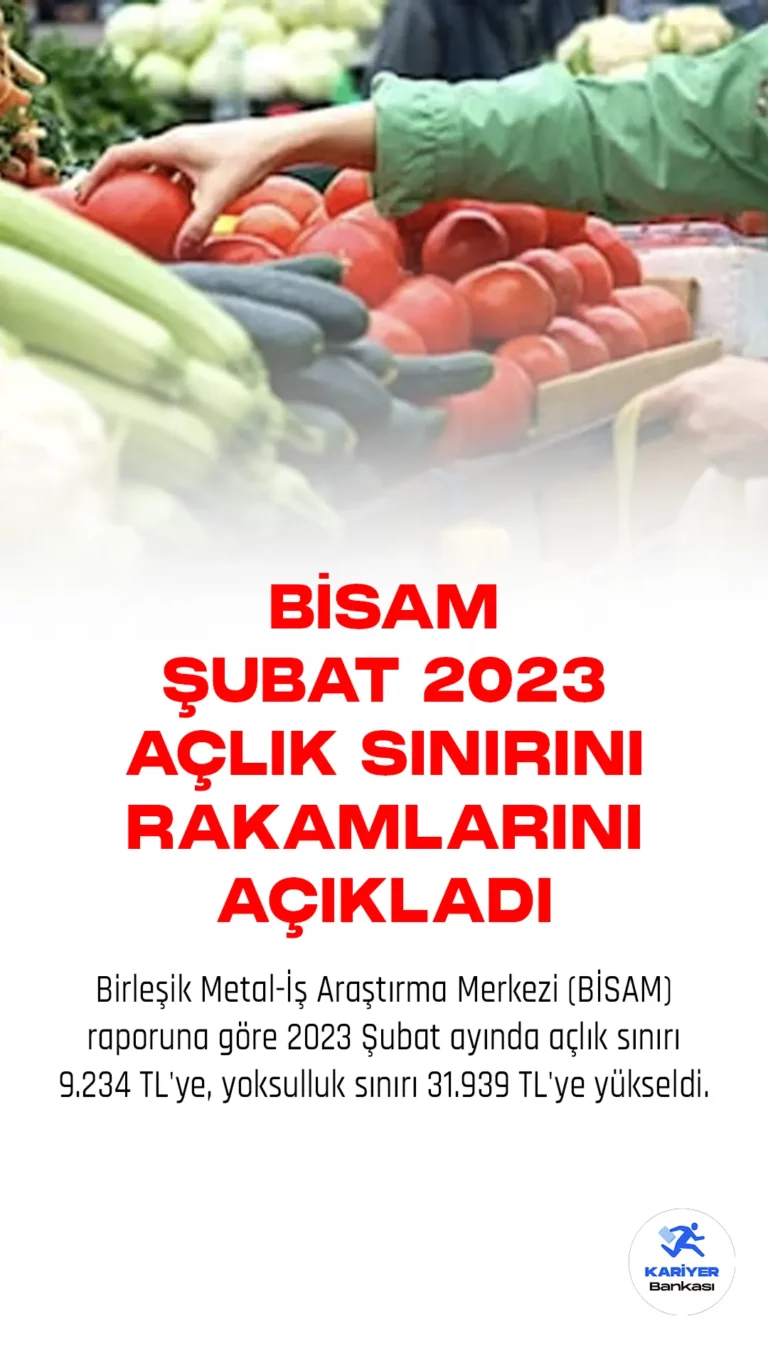 Birleşik Metal-İş Araştırma Merkezi (BİSAM) raporuna göre 2023 Şubat ayında açlık sınırı 9.234 TL'ye, yoksulluk sınırı 31.939 TL'ye yükseldi.