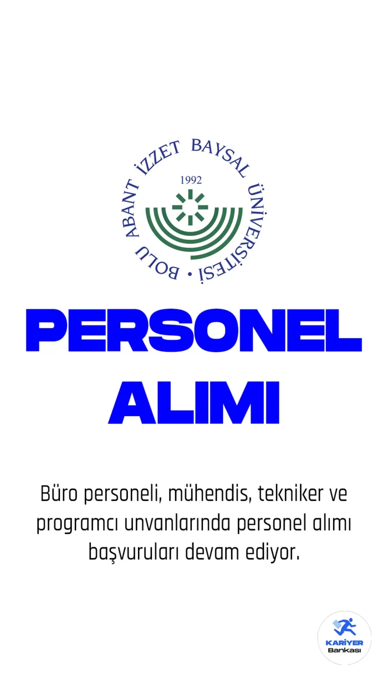 Bolu Abant İzzet Baysal Üniversitesi personel alımı başvuruları devam ediyor. 13 Mart tarihinde Cumhurbaşkanlığı SBB'de yayımlanan duyuruya göre, Üniversiteye büro personeli, mühendis, tekniker ve programcı unvanlarında 20 sözleşmeli personel alımı yapılacağı kaydedildi.