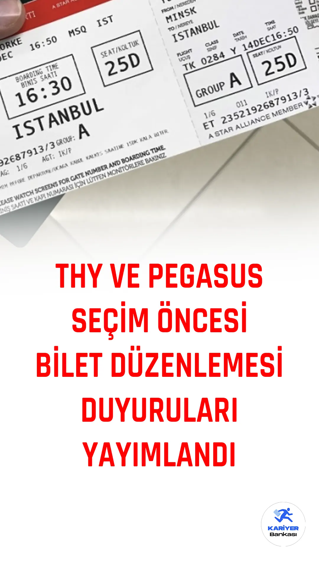 Türk Hava Yolları (THY) ve Pegasus Hava Yolları, 14 Mayıs'ta yapılacak Cumhurbaşkanlığı ve milletvekili seçimleri nedeniyle Türk vatandaşı yolcuların oy kullanma süreçlerini kolaylaştırmak için bilet iade talepleri ve rezervasyon değişiklik koşullarında bazı düzenlemelere gideceklerini duyurdu.