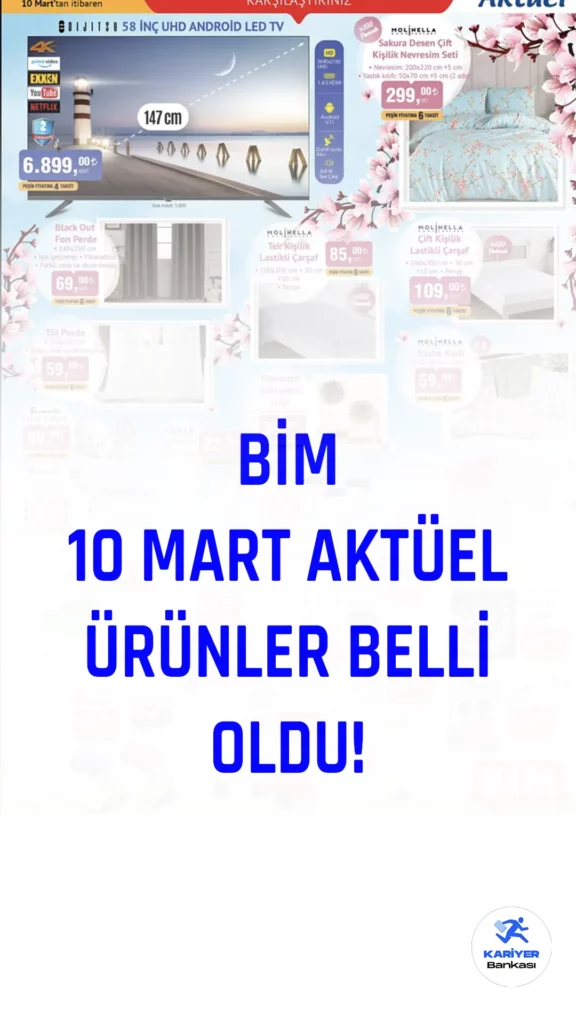 BİM, 10 Mart tarihli aktüel ürünler kataloğunu müşterileriyle paylaştı!Haftanın belirli günlerinde indirimli ürünleri müşterileriyle buluşturan BİM, yeni haftanın başlangıcında da market raflarında yer alacak aktüel ürünler kataloğunu yayınladı. BİM'in internet sitesinde paylaşılan katalogda, mutfak araç gereçleri yanı sıra tamirat malzemeleri ve tadilat setlerinde de büyük indirimler olduğu görülüyor. BİM marketlerinde yer alacak aktüel ürünler listesinde 10 Mart'ta neler var? İşte BİM'in güncel indirimli ürünler listesi.