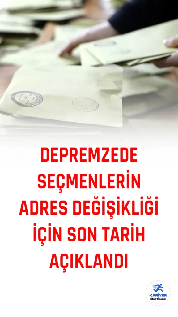 İçişleri Bakanlığı Nüfus ve Vatandaşlık İşleri Genel Müdürlüğü, Kahramanmaraş merkezli depremlerden etkilenen vatandaşların 14 Mayıs'taki Cumhurbaşkanı ve 28. dönem milletvekili seçiminde oy kullanabilmeleri için 17 Mart saat 23.59'a kadar yeni adres beyanında bulunmaları gerektiğini duyurdu.