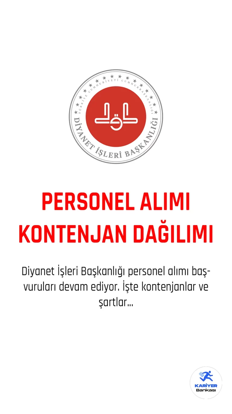 Diyanet İşleri Başkanlığı personel alımı başvuru süreci devam ediyor. 28 Şubat 2023 tarihli yayımlanan duyuruda, Diyanet'e koruma ve güvenlik görevlisi, destek personeli(temizlik, bulaşıkçı, sıhhi tesisatçı, garson, bahçe bakım elemanı, marangoz) unvanlarında 80 sözleşmeli personel alımı yapılacağı kaydedildi. Diyanet personel alımı için başvurular 6 Mart-20 Mart 2023 tarihleri arasında sınav.diyanet.gov.tr adresi üzerinden yapılacağı aktarıldı. Başvuru yapacak adayların belirtilen genel ve özel şartları dikkatle incelemesi gerekmektedir.