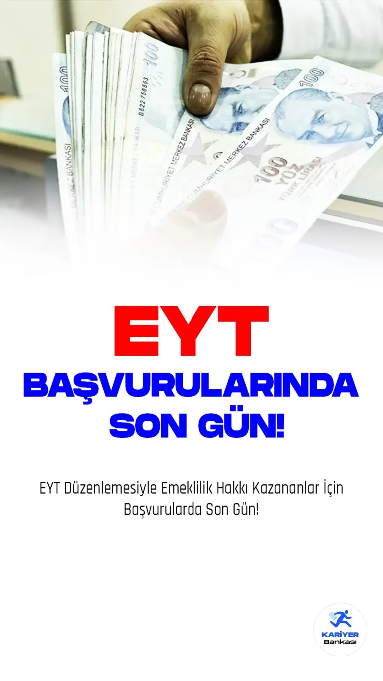EYT Düzenlemesiyle Emeklilik Hakkı Kazananlar İçin Başvurularda Son Gün! SSK ve Bağ-Kur sigortalıları, Nisanda emekli aylığı alabilmeleri için bugün son başvuru tarihlerini kaçırmamalılar. Yapılan düzenleme sonrasında, EYT hakkı kazanan yaklaşık 2 milyon 250 bin kişi için başvuru süreci Mart ayının başından itibaren başlamıştı.