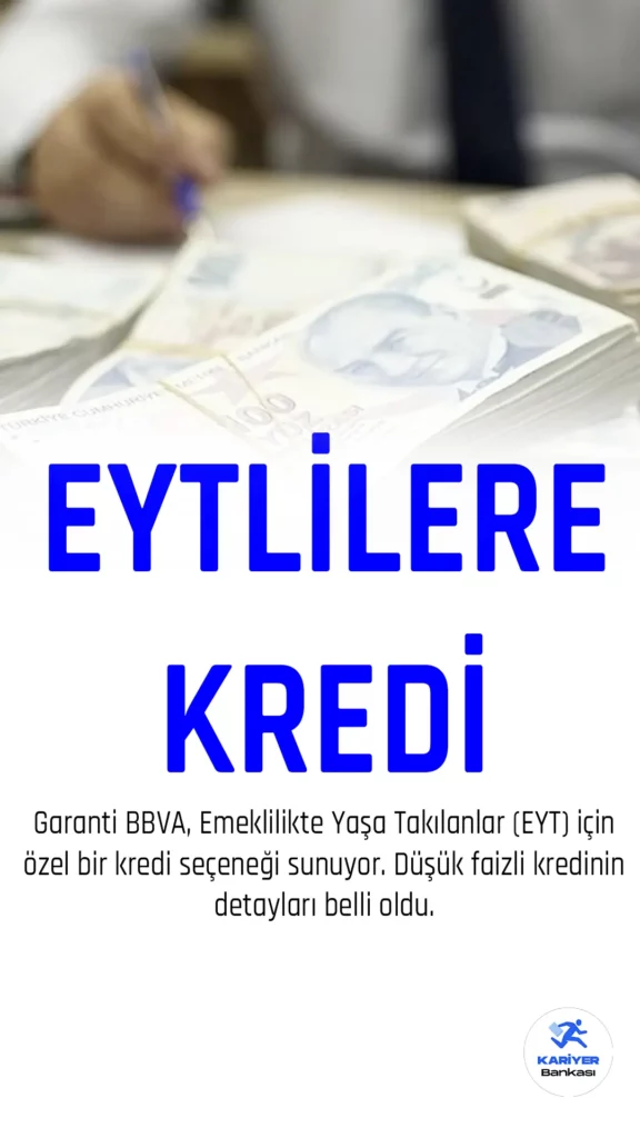 Garanti BBVA, Emeklilikte Yaşa Takılanlar (EYT) için özel bir kredi seçeneği sunuyor. %1,89’dan başlayan faiz oranlarıyla SGK prim borçlarını ödemek isteyen EYT'liler, Garanti BBVA'dan EYT kredisi başvurusu yaparak SGK prim borçlarını rahatça ödeyebilirler.