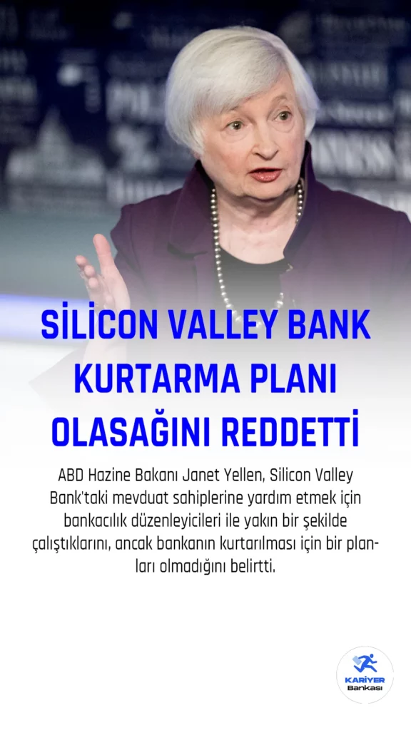 ABD Hazine Bakanı Janet Yellen, Silicon Valley Bank'taki mevduat sahiplerine yardım etmek için bankacılık düzenleyicileri ile yakın bir şekilde çalıştıklarını, ancak bankanın kurtarılması için bir planları olmadığını belirtti. CBS kanalına verdiği röportajda Yellen, bankanın ABD'li müşterilerine ani çöküşün etkilerini ortadan kaldırmak için politikaların tartışıldığını söyledi.