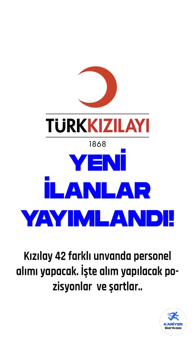 Kızılay personel alımı başvuruları devam ediyor. Kızılay kariyer sayfası üzerinden her gün yeni ilanlar yayımlanmaya devam ediyor. 20 Mart 2023 itibarıyla Kızılay resmi sayfasından doktor, doktor/laboratuvar birim yöneticisi, dış paydaşlarla ilişkiler uzmanı ve kıdemli medya iletişim uzmanı unvanlarında personel alımı duyuruları yayımlandı. Yeni ilanların yanı sıra, hali hazırda devam eden 38 farklı unvanda personel alımı ilanlarına da başvurular devam ediyor.Alım yapılacak pozisyon, şehir ve ilan yayımlanma tarihleri aşağıdaki gibidir. Başvuru yapacak adayların belirtilen şartları dikkatle incelemesi gerekmektedir.