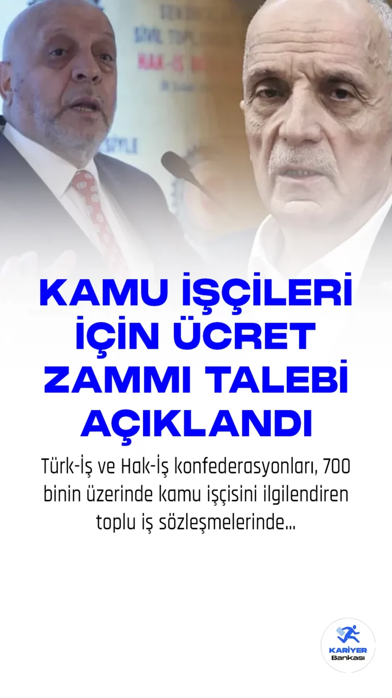 Türk-İş ve Hak-İş konfederasyonları, 700 binin üzerinde kamu işçisini ilgilendiren toplu iş sözleşmelerinde brüt 15 bin liraya kadar yükseltilen taban ücret ve bütün ücretlere yüzde 15 refah payı eklenmesi talebinde bulundu. Ayrıca, ilk altı ay için yüzde 45 zam yapılması istendi. Toplu iş sözleşmeleri kapsamındaki işçilere ödenen ikramiye ve sosyal yardım miktarları da artırılmak isteniyor. İşte detaylar...
