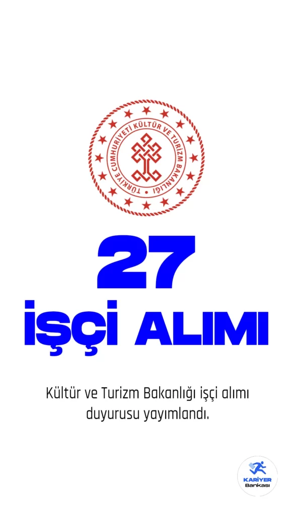 Kültür ve Turizm Bakanlığı işçi alımı duyurusu yayımlandı. 17 Mart 2023 tarihli yayımlanan duyuruda, Kültür ve Turizm Bakanlığı Kapadokya Alan Başkanlığına mühendis, hukuk müşaviri, avukat, iç denetçi, mimar, şehir plancısı, idari uzman, büro görevlisi, teknisyen, destek personeli, koruma ve güvenlik görevlisi unvanlarında sınavla 27 sürekli işçi alımı yapılacağı kaydedildi. İlgili alım için başvurular 24 Mart-7 Nisan 2023 tarihleri arasında gerçekleştirileceği aktarıldı.