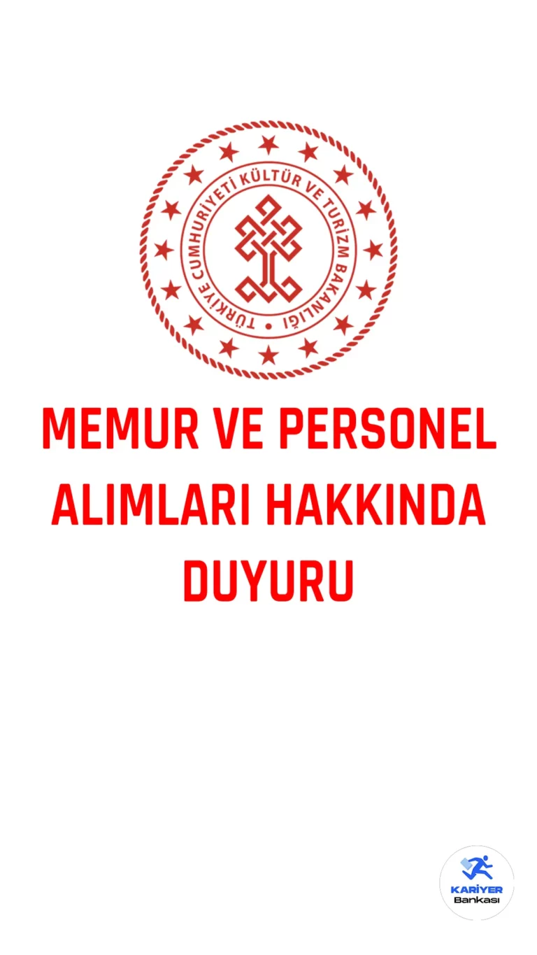 Kültür ve Turizm Bakanlığı memur ve personel alımları hakkında duyurular yayımladı. Kültür ve Turizm Bakanlığı resmi sayfasından yayımlanan duyurularda, 110 sözleşmeli kütüphaneci, 58 sözleşmeli personel ve 10 kültür ve turizm uzman yardımcılığı alımları hakkında peş pere duyurular yayımlandığı görülüyor.