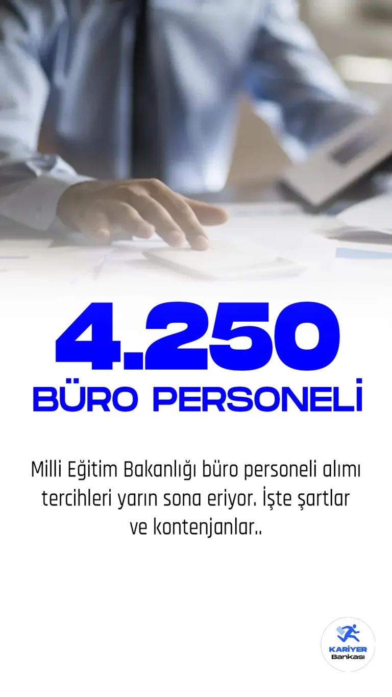 Milli Eğitim Bakanlığı (MEB) büro personeli alımı başvuruları yarın sona eriyor. ÖSYM üzerinden 2023/4 Tercih kılavuzunun yayımlanmasıyla, Milli Eğitim Bakanlığı 5 bin sözleşmeli personel alımı tercih başvuruları alınmaya başladı. 5 bin personel alımı kontenjan dağılımında Milli Eğitim Bakanlığı merkez teşkilatına 250, taşra teşkilatına 4 bin olmak üzere, toplamda 4250 sözleşmeli büro personeli alımı yapılacağı kaydedildi. Tercih başvuruları 30 Mart 2023 tarihi 23:59'da sona eriyor. Başvurular, ÖSYM'nin https://ais.osym.gov.tr adresi üzerinden gerçekleştiriliyor. İşte MEB büro personeli alımı şartları ve kontenjanları..