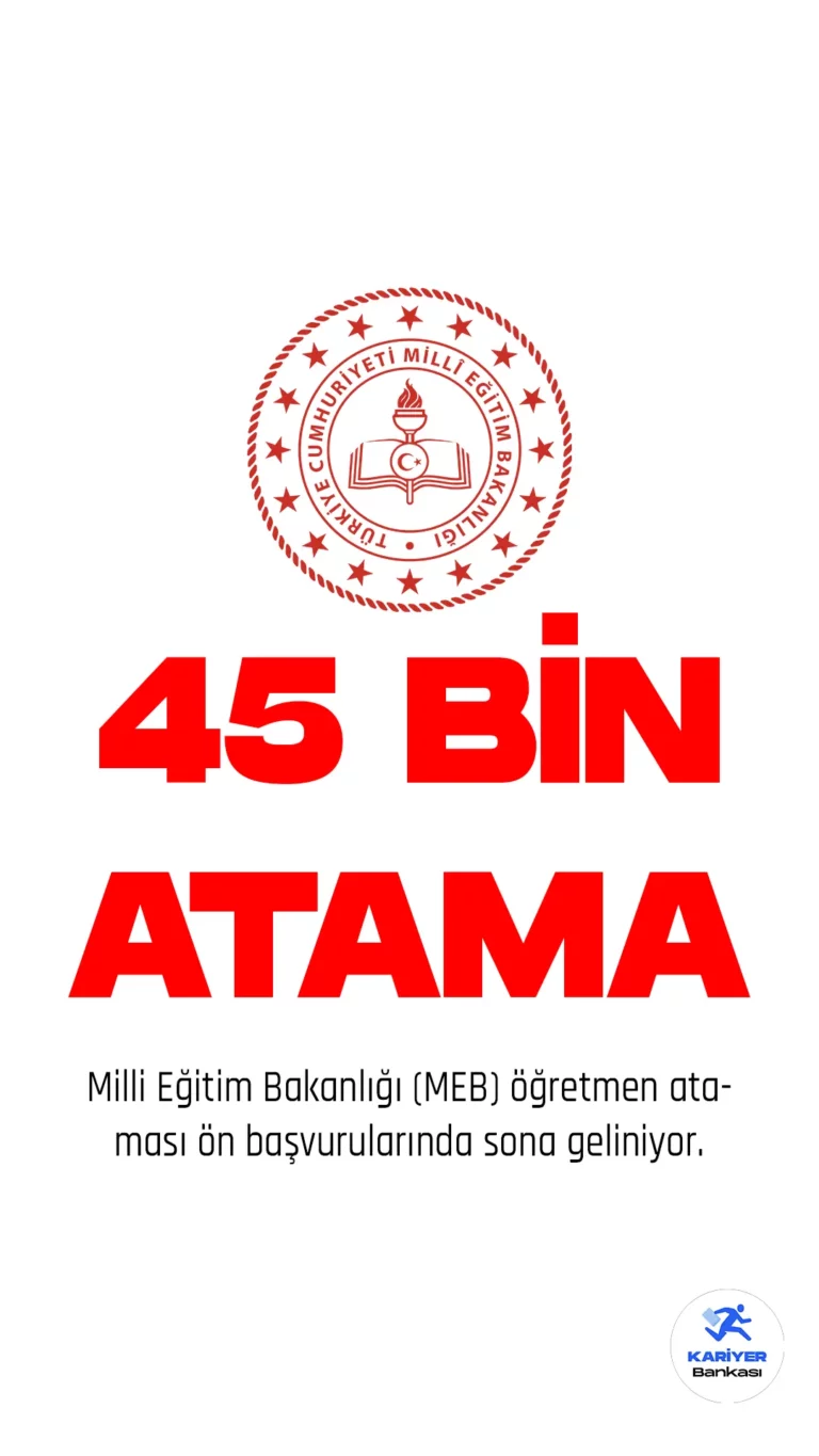 Milli Eğitim Bakanlığı (MEB) öğretmen ataması ön başvurularında sona geliniyor.İlgili alım duyurusu 24 Mart 2023 tarihinde Milli Eğitim Bakanı Mahmut Özer tarafından paylaşılmış, başvuruların 27 Mart-1 Nisan 2023 tarihleri arasında alınacağını aktarmıştı. Başvurular yarın (31 Mart 2023) sona eriyor. Bakan Özer yaptığı açıklamada, "Başvuru yapan adayların sözlü sınav yerleri ise 4 Nisan'da ilan edilecek. Sözlü sınavlar, 7-16 Nisan tarihleri arasında gerçekleştirilecek, sonuçlar ise 18 Nisan’da açıklanacak.Öğretmen adaylarının atama tercihleri 2-6 Mayıs tarihleri arasında alınacak, atama sonuçları ise 8 Mayıs’ta açıklanacak.Öğretmenler 1 Eylül’den itibaren de okullarında görevlerine başlayacak. " dedi.