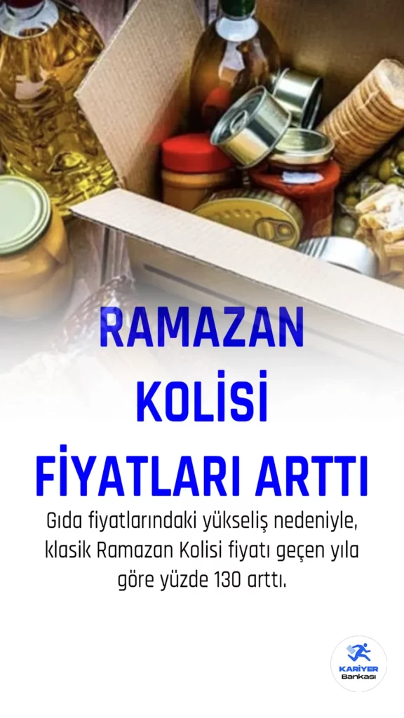 Ramazan'a günler kala en çok araştırılan konulardan biri Ramazan Kolisi oldu. İhtiyaç sahibi vatandaşlara yardım etmek isteyenler, 2023 yılı Ramazan Kolisi'nin fiyatlarını araştırmaya başladılar.Gıda fiyatlarındaki yükseliş nedeniyle, klasik Ramazan Kolisi fiyatı geçen yıla göre yüzde 130 artarak 99 lira 90 kuruştan 229 lira 90 kuruşa kadar çıktı. Geçen yıl en lüks Ramazan kolisi 289 lira iken, bu yıl fiyatı yüzde 89 artarak 549 liraya kadar yükseldi.