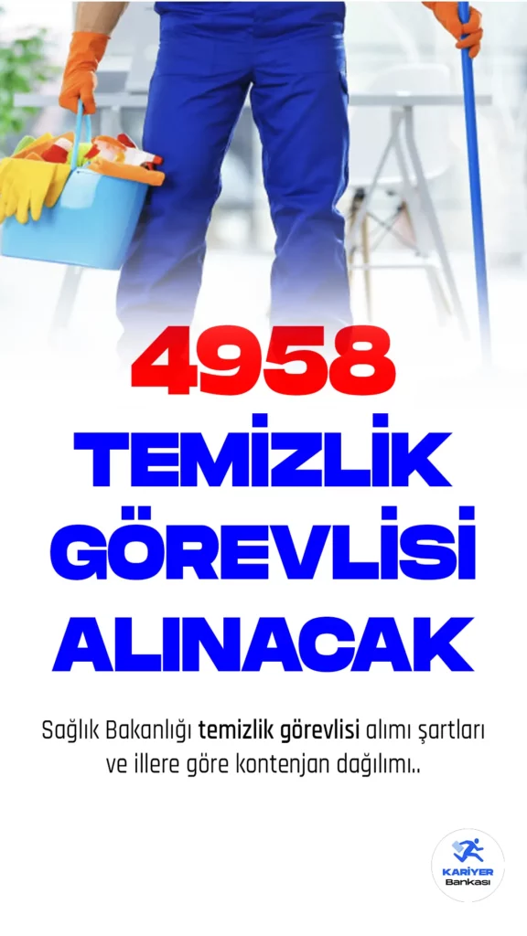 Sağlık Bakanlığı temizlik görevlisi alımı yapacak. Sağlık Bakanlığının 10 bin 900 işçi alımı kılavuzu yayımlanmasıyla birlikte kontenjan dağılımları da belli oldu. 10 bin 900 işçi alımı kontenjan dağılımına bakıldığında 4 bin 958 temizlik görevlisi alımı yapılacağı görülüyor. Başvuru yapacak adaylarda en az ilkokul mezuniyet şartı aranıyor. Adayların başvuru genel ve özel şartları dikkatle incelemesi gerekmektedir. İşte temizlik görevlisi alımı il dağılımı ve kontenjanlar..
