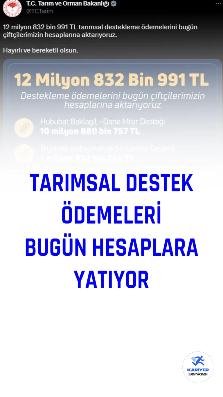 Tarım ve Orman Bakanlığı 12 milyon 832 bin 991 TL tutarındaki tarımsal destekleme ödemelerinin bugün çiftçilerin hesaplarına aktarılacağını duyurdu.