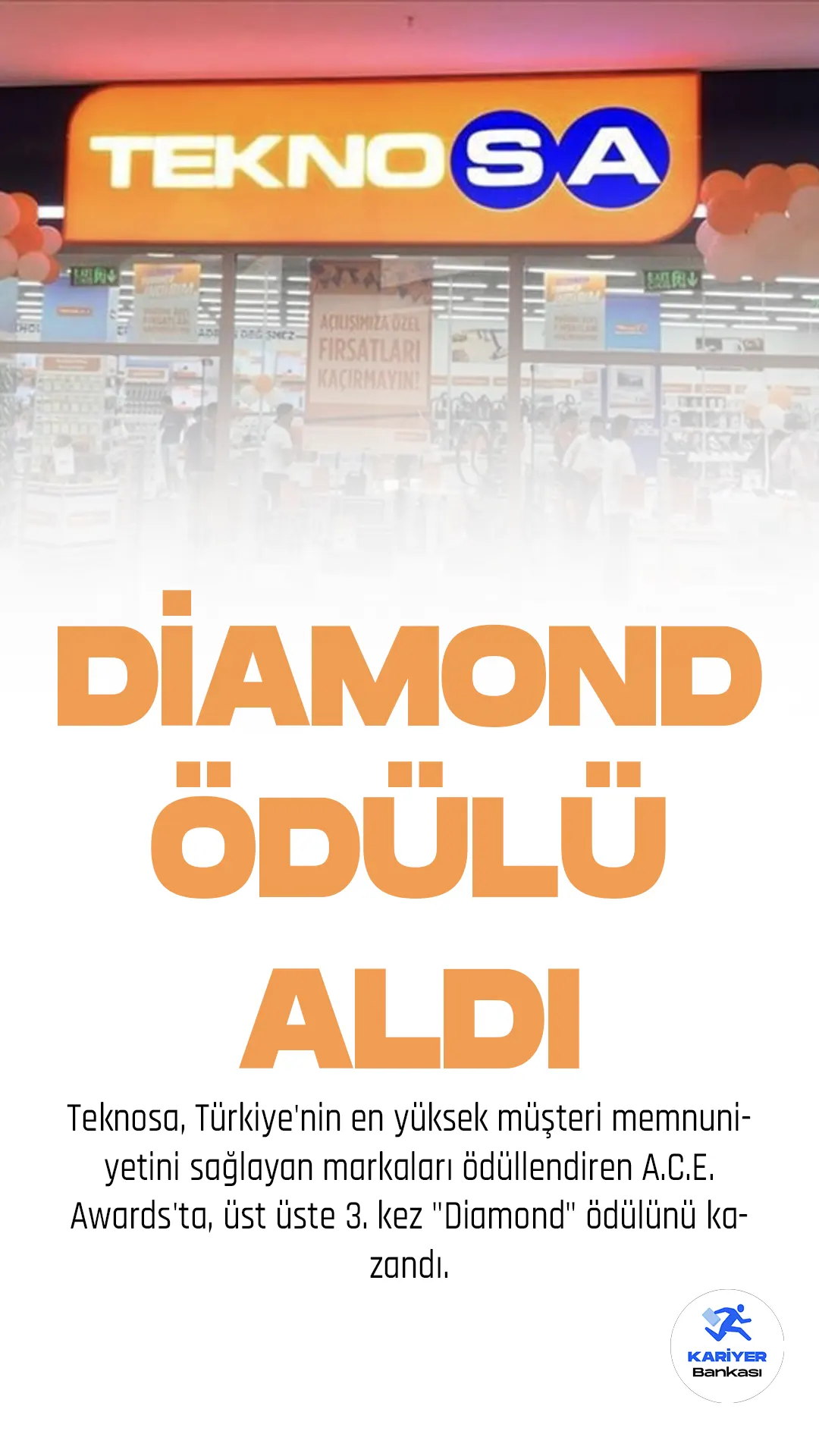 Teknosa, Türkiye'nin en yüksek müşteri memnuniyetini sağlayan markaları ödüllendiren A.C.E. Awards'ta, üst üste 3. kez "Diamond" ödülünü kazandı.