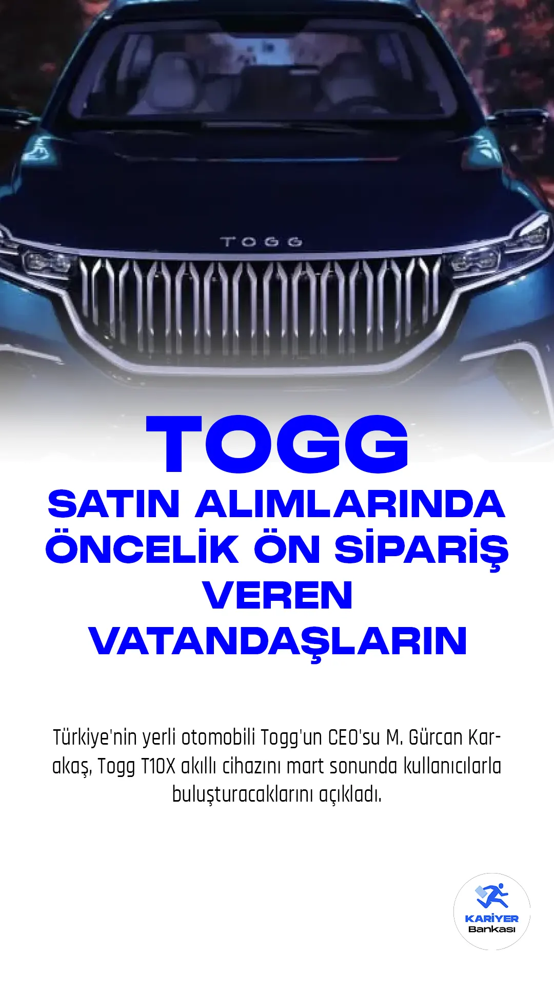 Türkiye'nin yerli otomobili Togg'un CEO'su M. Gürcan Karakaş, Togg T10X akıllı cihazını mart sonunda kullanıcılarla buluşturacaklarını açıkladı.