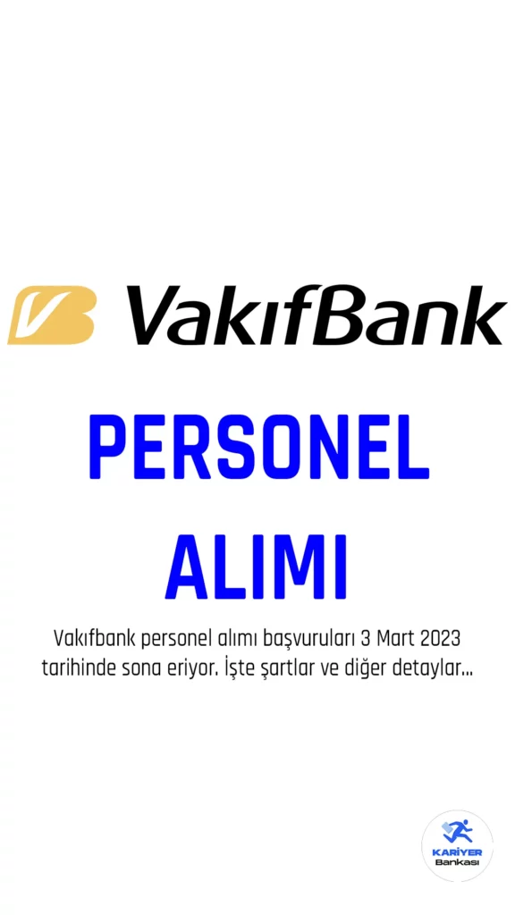 Vakıfbank personel alımı için başvuru işlemlerinde sona geliniyor. Vakıfbank tarafından yayımlanan duyuruda müfettiş yardımcısı, BT müfettiş yardımcısı, iç kontrolör yardımcısı, uzman yardımcısı ve memur pozisyonları için personel alımı yapılacağı aktarılmış, ilgili alım için gerçekleştirilecek sınava başvuruların o online alınacağı kaydedilmişti.
