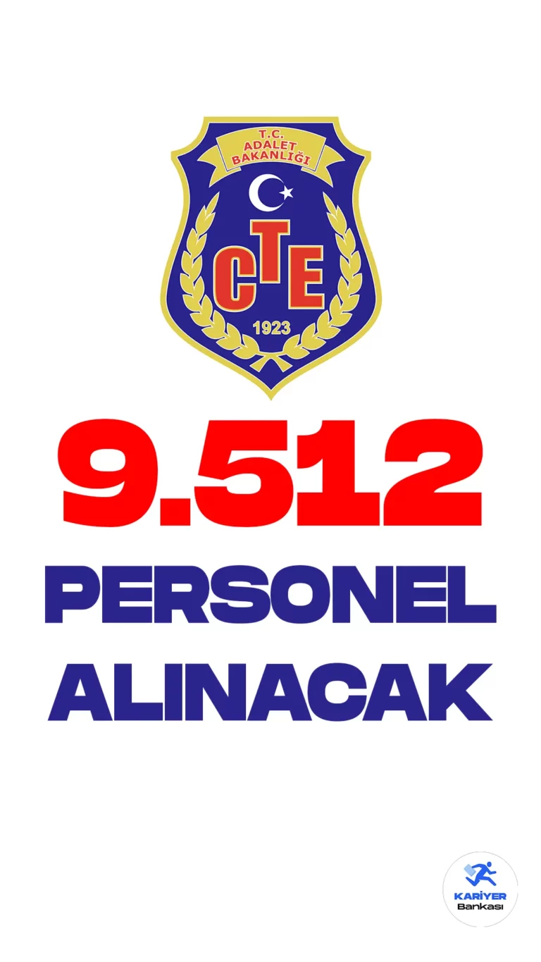 Adalet Bakanlığı Ceza ve Genel Müdürlüğü personel alımı duyurusu yayımlandı. 20 Nisan tarihli Resmi Gazete'de yayımlanan duyuruya göre, Adalet Bakanlığı Ceza ve Genel Müdürlüğüne 8647 infaz ve koruma memuru, 145 büro personeli (ceza infaz kurumu katibi), 1 gemi adamı (sınırlı kaptan), 1 gemi adamı(sınırlı vardiya zabiti), 1 gemi adamı(usta gemici),128 hemşire, 60 sağlık memuru, 227 teknisyen, 253 destek personeli(şoför), 47 destek personeli(aşçı), 2 destek personeli(kaloriferci) unvanlarında olmak üzere 9512 sözleşmeli personel alınacak.