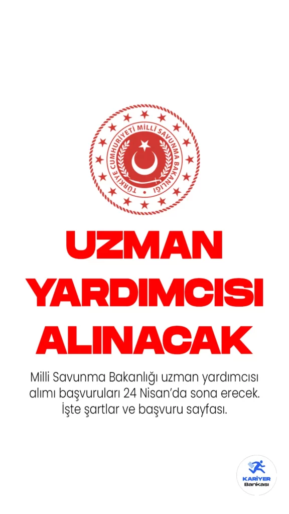 Milli Savunma Bakanlığı, Genelkurmay Başkanlığı ve Kuvvet Komutanlıklarında istihdam edilmek üzere Uzman Yardımcısı alımı yapıyor. Alım süreci, "Milli Savunma Uzmanlığı Yönetmeliği" ve "Silahlı Kuvvetler Uzmanlığı Yönetmeliği" hükümlerine göre gerçekleştiriyor.