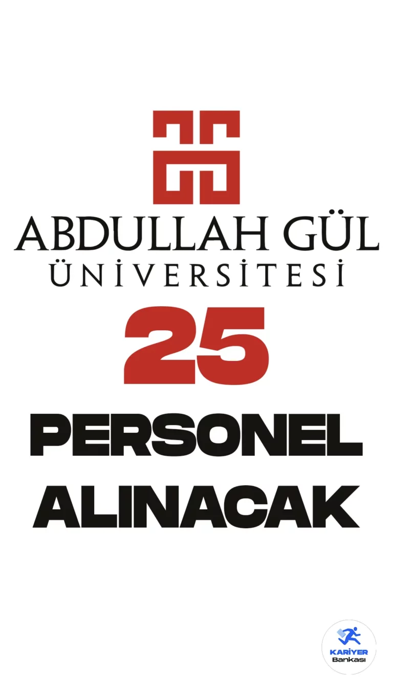 Abdullah Gül Üniversitesi personel alımı duyurudu yayımlandı. Resmi Gazete'de yayımlanan duyuruda, Üniversiteye büro personeli, destek personeli, şoför, koruma ve güvenlik görevlisi unvanlarında 25 sözleşmeli personel alımı yapılacağı aktarılırken, başvuruların 28 Nisan itibariyle başlayacağı kaydedildi. Başvuru yapacak adayların şartları dikkatle incelemesi gerekmektedir.