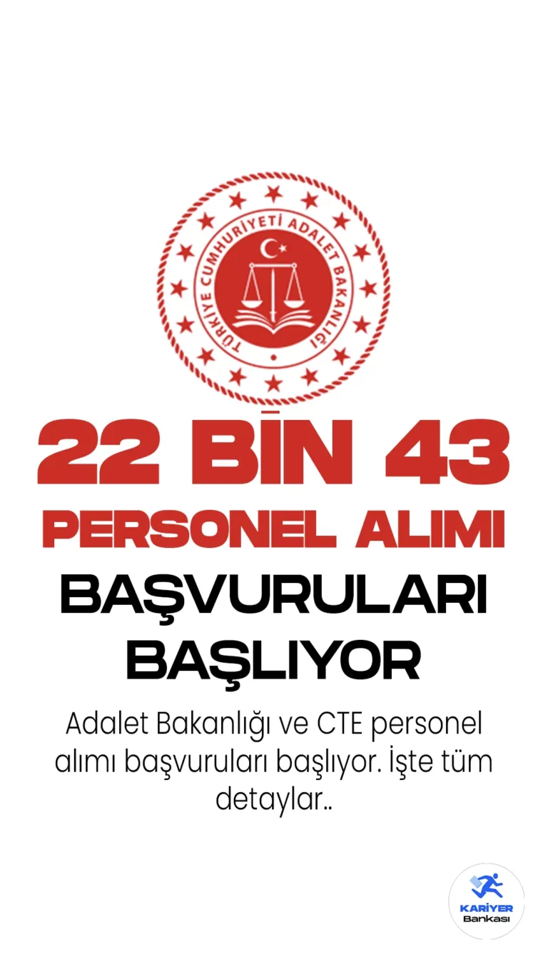 Adalet Bakanlığı ve CTE 22 bin 43 personel alımı başvuruları başlıyor. Geçtiğimiz günlerde yayımlanan duyurularda, Adalet Bakanlığı ve CTE'ye zabıt kâtibi, icra kâtibi, mübaşir, koruma ve güvenlik görevlisi, büro personeli, infaz ve koruma memuru, teknisyen, tekniker, hemşire, sağlık memuru, gemi adamı, işaret dili tercümanı, şoför, aşçı, hizmetli, kaloriferci, psikolog, öğretmen, sosyal çalışmacı, veteriner, mühendis, diyetisyen, fizyoterapist, diğer teknik hizmet personeli(istatistikçi)unvanlarında toplam 22 bin 43 personel alımı yapılacağı aktarıldı.Başvurular yarın (25 Nisan) başlıyor.