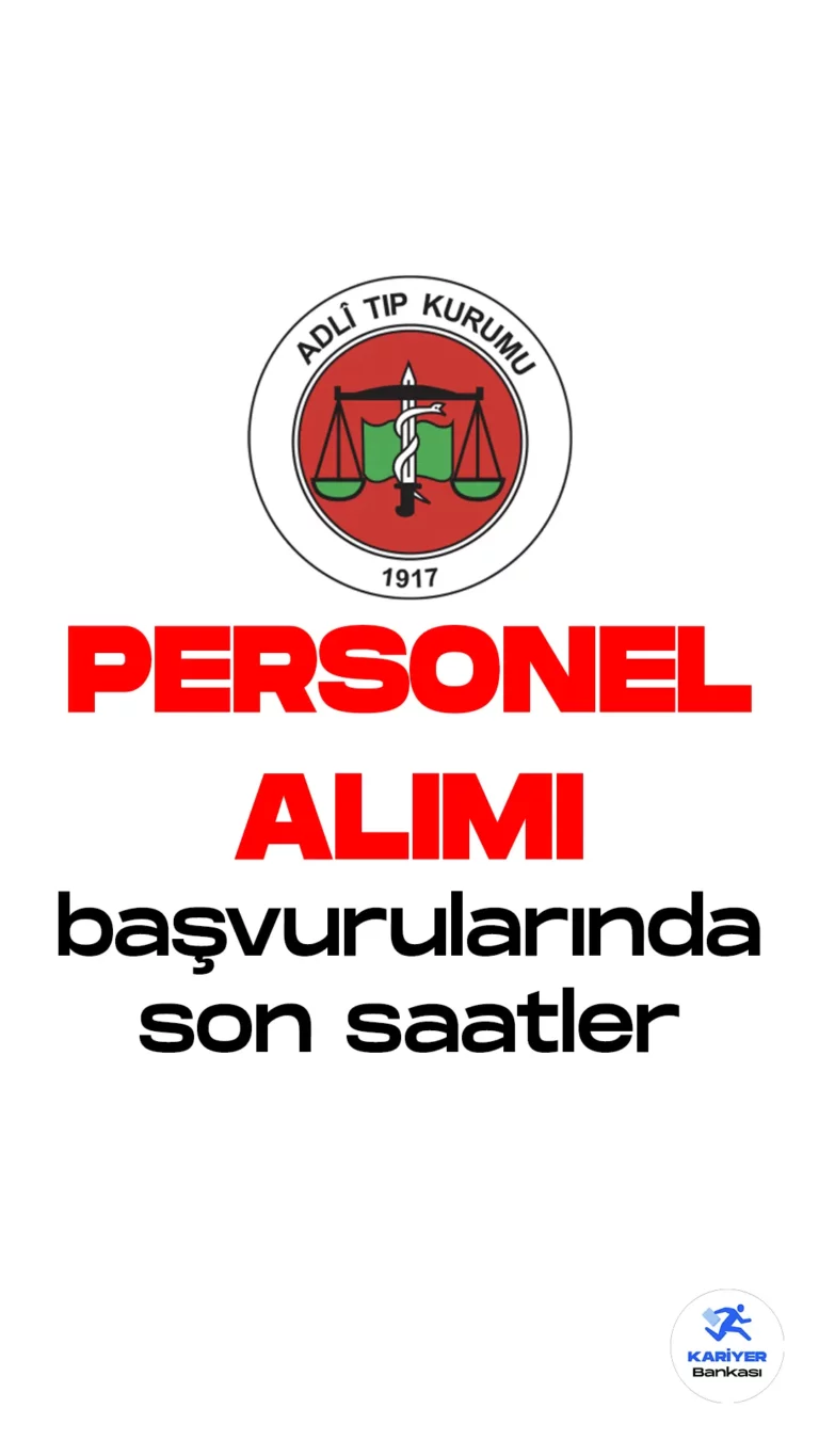 Adli Tıp Kurumu personel alımı başvuru sürecinde son saatlere girildi. 7 Nisan'da başlayan büro personeli, destek personeli, laborant, hemşire, mühendis, diğer sağlık personeli, koruma ve güvenlik görevlisi, infaz koruma memuru unvanlarında 47 sözleşmeli personel alımı başvuruları, bugün (23 Nisan 2023) sona erecek. Başvuru yapacak adayların belirtilen şartları taşıması gerekmektedir.