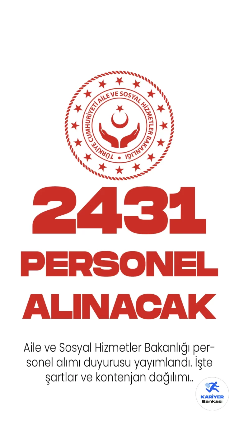 Aile ve Sosyal Hizmetler Bakanlığı 2431 personel alımı duyurusu yayımlandı. Cumhurbaşkanlığı SBB Kamu ilan sitesinde yayımlanan duyuruda, Aile ve Sosyal Hizmetler Bakanlığına aile destek personeli, sosyal çalışmacı, psikolog, fizyoterapist, çocuk gelişimcisi, diyetisyen, öğretmen, avukat, diğer sağlık personeli, hemşire, büro personeli, teknikeri teknisyeni koruma ve güvenlik görevlisi, yurt yönetim personeli, destek personeli unvanlarında olmak üzere 2431 sözleşmeli personel alımı yapılacağı aktarıldı. Başvurular 28 Nisan-8 Mayıs 2023 tarihleri arasında alınacak. Başvuru yapacak adayların belirtilen genel ve özel şartları taşıması gerekmektedir.