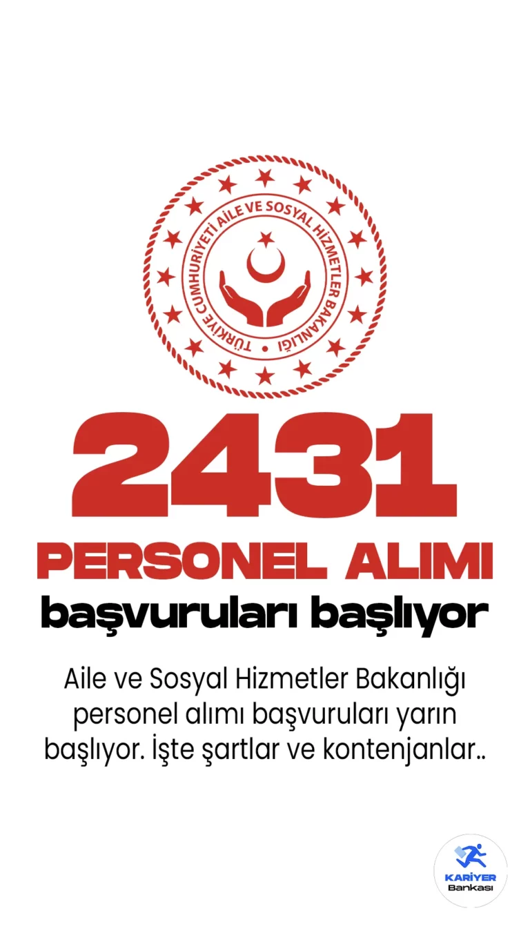 Aile ve Sosyal Hizmetler Bakanlığı personel alımı başvuruları yarın başlıyor. 26 Nisan tarihli Resmi Gazete'de yayımlanan duyuruya göre, Aile ve Sosyal Hizmetler Bakanlığına aile destek personeli, sosyal çalışmacı, psikolog, fizyoterapist, çocuk gelişimcisi, diyetisyen, öğretmen, avukat, diğer sağlık personeli, hemşire, büro personeli, teknikeri teknisyeni koruma ve güvenlik görevlisi, yurt yönetim personeli, destek personeli unvanlarında sözleşmeli personel alımı yapılacağı aktarılırken, başvuruları yarın (28 Nisan) başlayacağı kaydedildi.Başvuru yapacak adayların belirtilen genel ve özel şartları dikkatle incelemesi gerekmektedir.