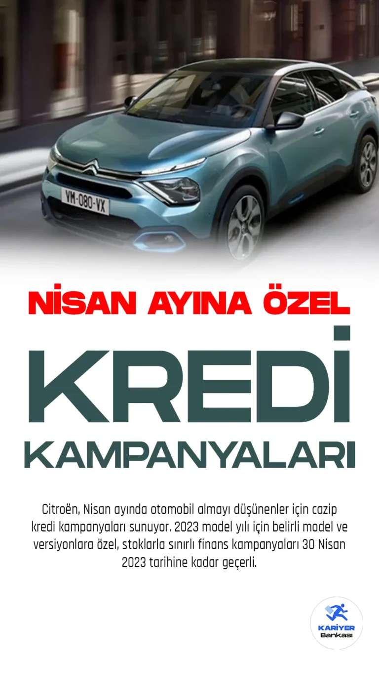 Citroën, Nisan ayında otomobil almayı düşünenler için cazip kredi kampanyaları sunuyor. 2023 model yılı için belirli model ve versiyonlara özel, stoklarla sınırlı finans kampanyaları 30 Nisan 2023 tarihine kadar geçerli.