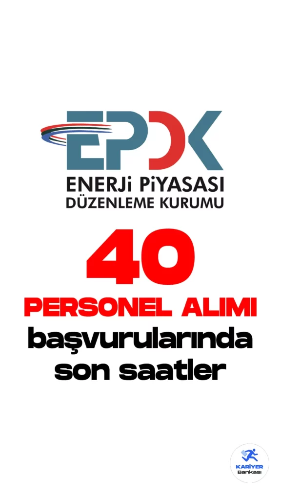 Enerji Piyasası Düzenleme Kurumu personel alımı başvurularında son saatlere girildi. 27 Mart 2023 tarihli yayımlana duyuruda, EPDK'ya 40 enerji uzman yardımcısı alımı yapılacağı aktarıldı. EPDK personel alımı başvuruları bugün (14 Nisan 2023) saat 23:59'da sona erecek. Başvur yapacak adayların belirtilen genel ve özel şartları taşıması gerekmektedir.