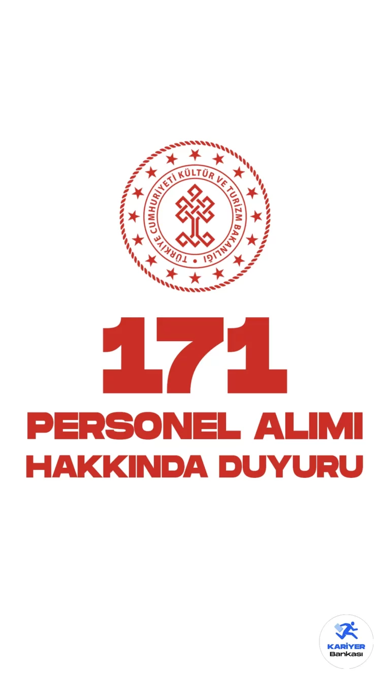 Kültür ve Turizm Bakanlığı 171 personel alımı hakkında duyuru yayımlandı. Kültür ve Turizm Bakanlığı resmi sayfasından yayımlanan duyuruda, 171 sözleşmeli personel alımı kapsamında yerleştirilen yedek adayların, istenilen belgeleri temin etmesi gerektiği aktarıldı.