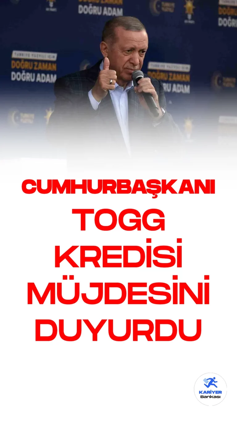 Cumhurbaşkanı Erdoğan Togg Kredisi Müjdesini Duyurdu.Türkiye Cumhurbaşkanı Recep Tayyip Erdoğan, Manisa'da düzenlenen mitingde milli ve yerli elektrikli otomobil TOGG'a yönelik kredi desteği açıklamasında bulundu.