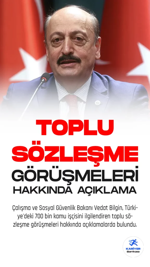 Çalışma ve Sosyal Güvenlik Bakanı Vedat Bilgin, Türkiye'deki 700 bin kamu işçisini ilgilendiren toplu sözleşme görüşmeleri hakkında açıklamalarda bulundu. Bakan Bilgin, Türkiye'nin son yıllarda büyük bir gelişim gösterdiğini belirterek, taşeron işçiliği konusunda da çözümler üretildiğini ifade etti. Ancak, toplu sözleşme, iş kanunu, toplu sözleşme kanunu ve sendika kanunu gibi çalışma hayatını ilgilendiren yasal mevzuatlarda köklü bir reforma ihtiyaç olduğunu da vurguladı.