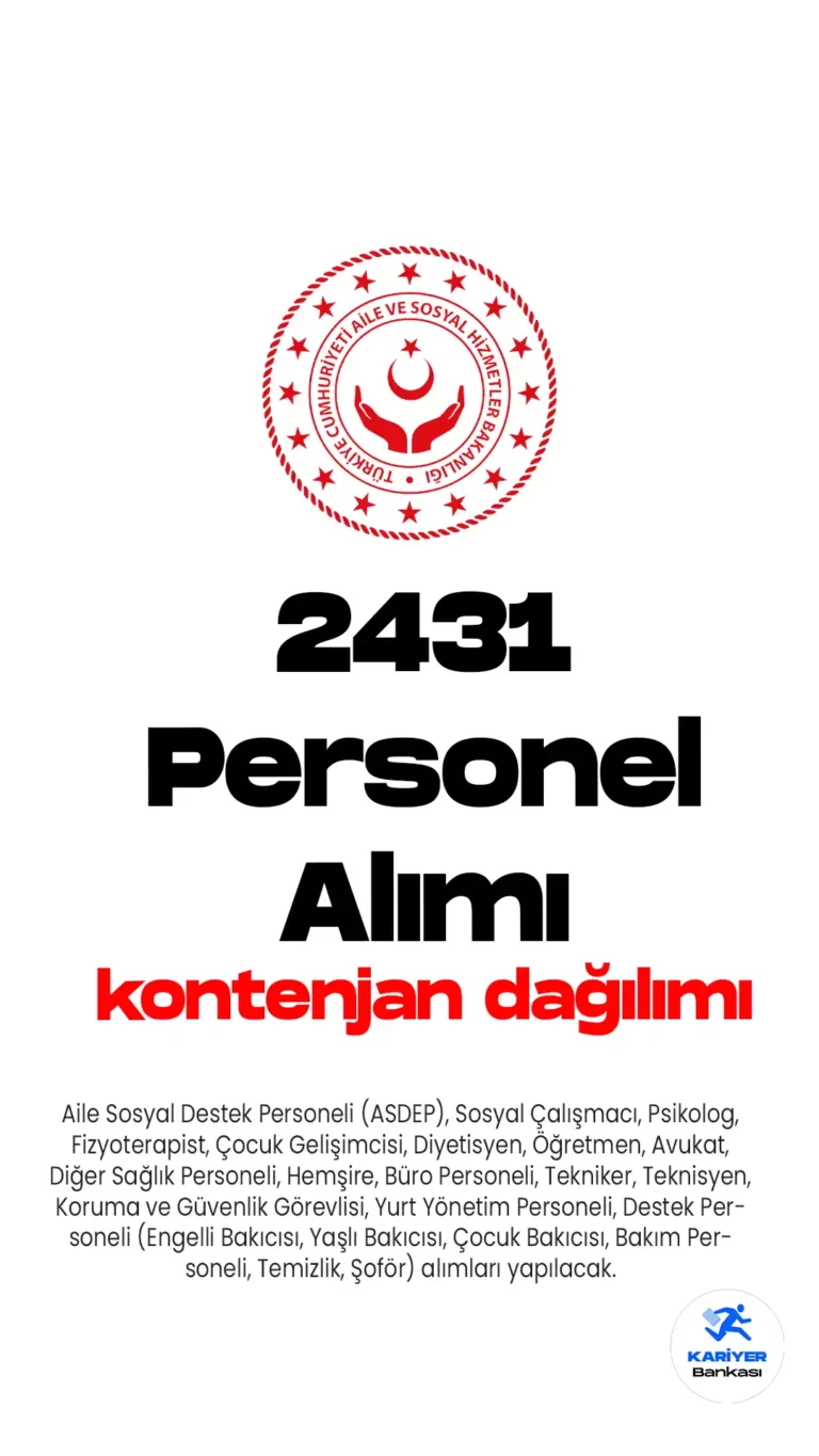 Aile ve Sosyal Hizmetler Bakanlığı 2431 personel alımı için başvuru işlemleri devam ediyor. Başvurular, 8 Mayıs 2023 tarihinde son bulacak.