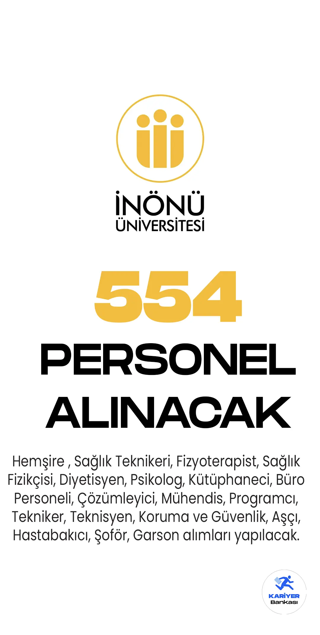 İnönü Üniversitesi 554 personel alımı yapacak. 554 personel alımı başvuruları 12-26 Mayıs tarihlerinde alınacak.