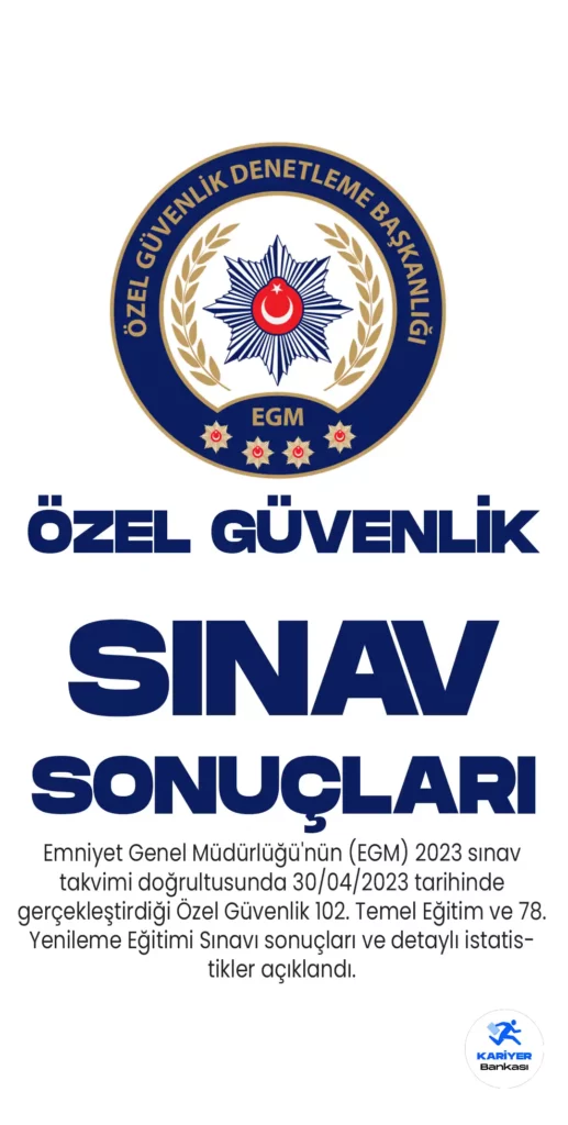 Emniyet Genel Müdürlüğü'nün (EGM) 2023 sınav takvimi doğrultusunda 30/04/2023 tarihinde gerçekleştirdiği Özel Güvenlik 102. Temel Eğitim ve 78. Yenileme Eğitimi Sınavı sonuçları ve detaylı istatistikler açıklandı.