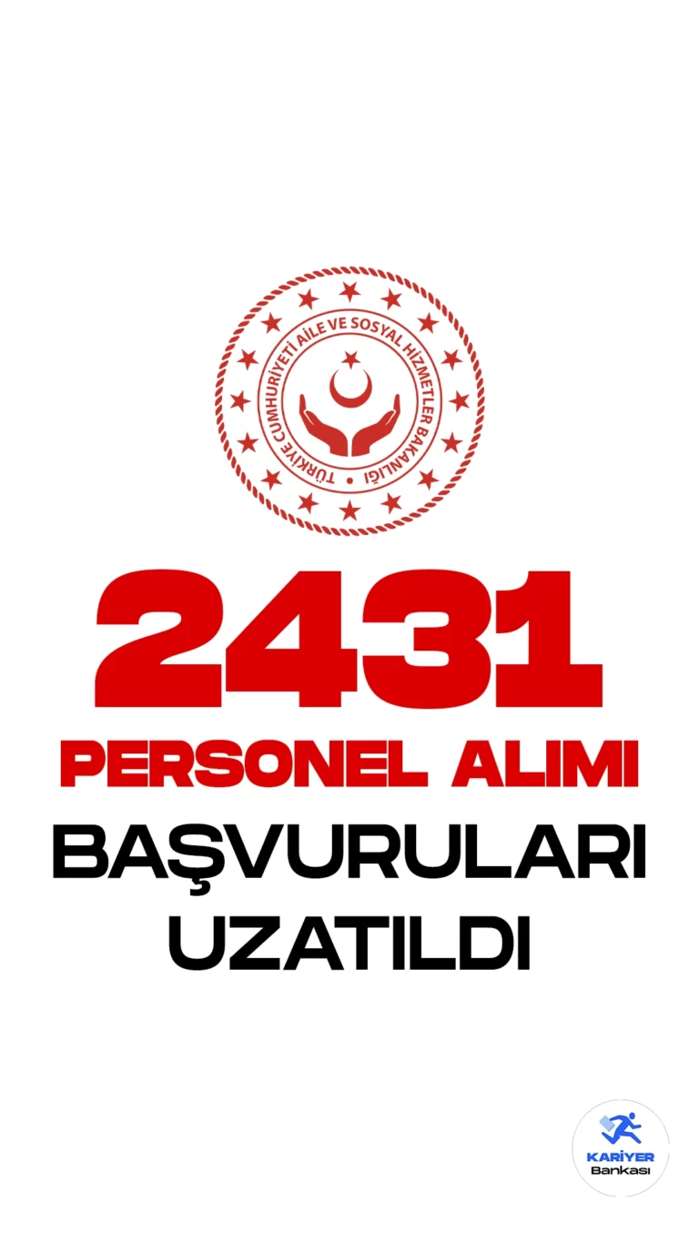 Aile ve Sosyal Hizmetler Bakanlığı personel alımı başvuruları işlemleri 10 Mayıs 2023 Çarşamba günü saat 23:59'a kadar uzatıldı.Aile ve Sosyal Hizmetler Bakanlığı resmi sayfasından yayımlanan duyuruda, "Bakanlığımızın 26/04/2023 tarihinde yayımlanan Sözleşmeli Personel Alımı duyurusunun 28/04/2023- 08/05/2023 tarihleri arasında devam etmekte olan başvuru süresi 10/05/2023 Çarşamba günü 23:59’a kadar uzatılmıştır.İlgililere duyurulur." ifadelerine yer verildi.