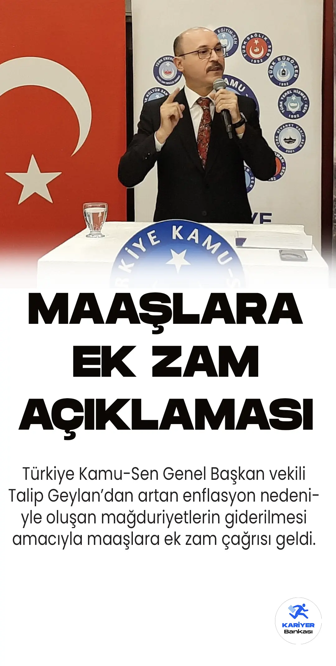 Türkiye Kamu-Sen'den ek zam çağrısı geldi. Genel Başkan vekili Talip Geylan tarafından yayımlanan mesajda, enflasyon nedeniyle...