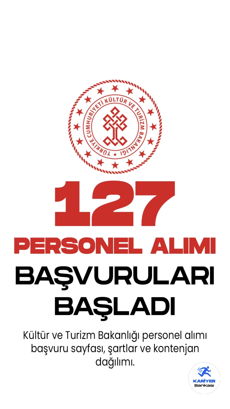 Kültür ve Turizm Bakanlığı personel alımı için başvuru işlemleri başladı. İlgili alım duyurusuna göre, Bakanlığı  büro personeli, temizlik personeli, koruma ve güvenlik unvanlarında 127 sözleşmeli personel alınacak. 26 Mayıs itibariyle başlayan başvuru işlemleri, 9 Haziran 2023 tarihinde sona erecek. Başvuru yapacak adayların genel ve özel şartları taşıması gerekmektedir.